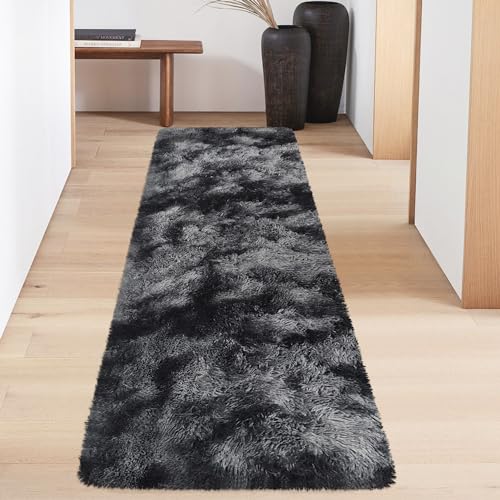 Tie Dyed Runner Rug for Bedroom Black Grey 2x6ft Fluffy Area Rug Bedside Runner Rug for Kids Room Boys Teens Nursery Baby Living Room Dorm Home Decor Carpets (Tie-dyed Black Grey / 2' x 6' (Runner))