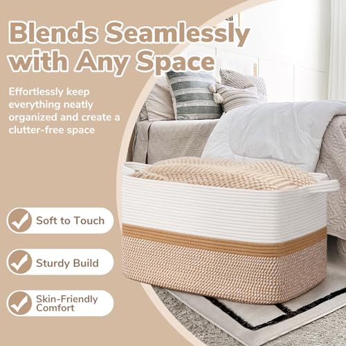 Large Woven Rope Blanket Basket (White & Camel Mix / Large(21.6"L x 14.9"W x 11.8"H))
