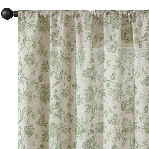 Green Floral Linen Curtains 63 Inch Vintage Back Tab 2 Panels (*Jacobean Sage Green on Beige / 50"W x 63"L (Pack of 2))