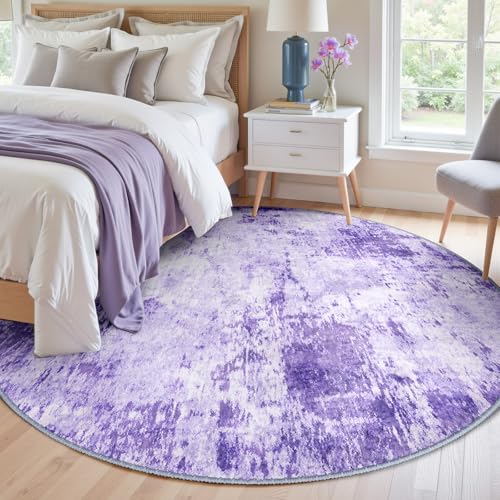 Washable Round 8ft Area Rug for Living Room Purple (Purple/Gray/Pink/White / 8' (Round))