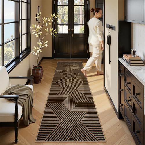 Modern Black and Brown Runner Rug (2'6" x 8' (Runner) / Black/Nature Geometric-2)