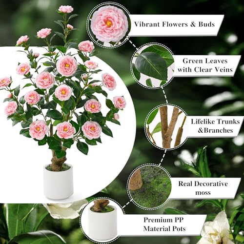 2 Pack 38" Artificial Camellia Tree (Pink / 38 inch×2)