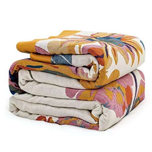 Boho Throw Blanket 80"x90" 100% Cotton Muslin Floral Blanket for Bed (D-flower and Butterfly / 80"x90")