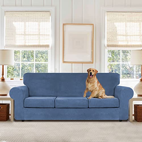 4 Pieces Couch Cover for Sofa Velvet Slipcovers Washable (Large / Light Blue)