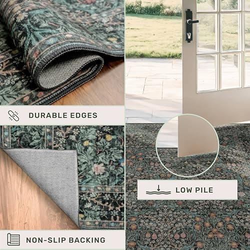 Dark Green Washable 3x12 Extra Long Runner Rug for Hallway Non Slip (Dark Green / Black / 3' x 12' (Runner))