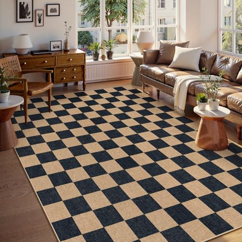 Checkered Easy Jute Living Room Rug (8' x 10' (Rectangular) / Black/Checkerboard -1)