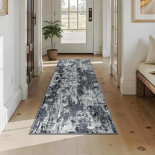 Washable Runner 2'x7' Abstract Area Rug for Hallway Black White (Black/Navy Blue/Gray / 2' x 7' (Runner))