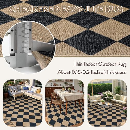 Checkered Easy Jute Outdoor Patio Rug (6' x 9' (Rectangular) / Black/Checkerboard -2)
