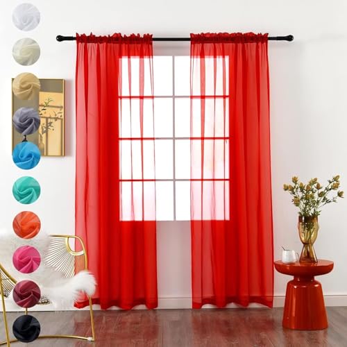 Solid Sheer Rod Pocket Curtain Voile Draperies 2 Panels White Beige Black Grey Coffee 60 Inch Width 108 Inch Long 1 Pair for Kitchen Bedroom Children Living Room Yard (Red / 60"W x 108"L (Pack of 2))