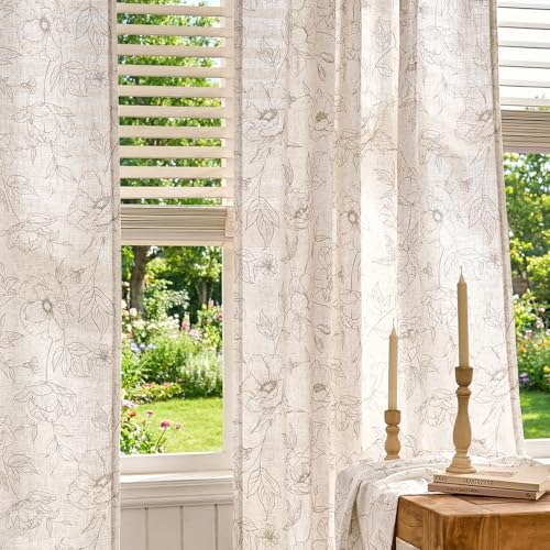 Linen Floral Curtains for Living Room 84 Inch Length Taupe Flower Curtain Rod Pocket Back Tab Farmhouse Curtains with Printed Floral Bedroom Window Curtain Set (Penny Taupe on Ecru / 50"W x 84"L (Pack of 2))