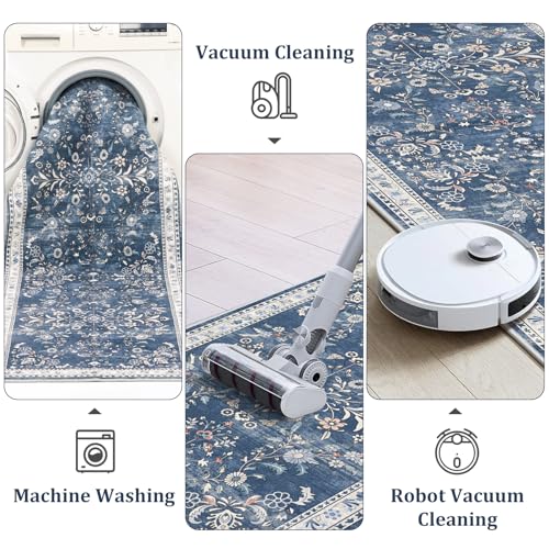 2x6 Washable Hallway Runner Rug Non Slip Floral Carpet (Blue / 2' x 6')