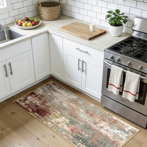 Washable 2'x5' Abstract Area Rug for Living Room Rustic Brown (Rust Red/Green/Blue/Multi / 2' x 5' (Rectangular))
