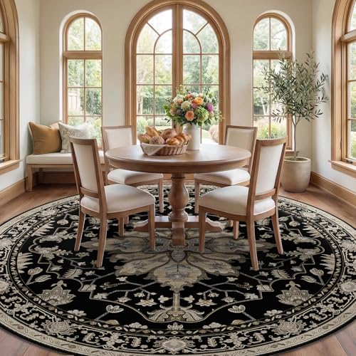 Washable Area Rug (Black/Neutral / 8' (Round))