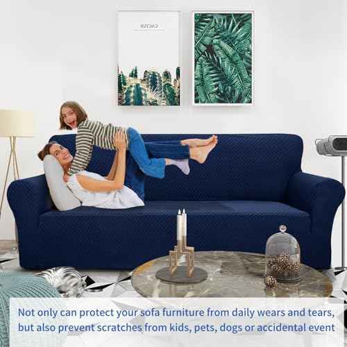 1 Piece Jacquard Couch Covers for 2 Cushion Couch High Stretch Loveseat Slipcover for Pets Dogs Anti Slip Love Seat Sofa Slipcover Furniture Protector (Medium (55"-69") / Navy Blue)