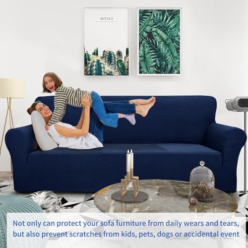 1 Piece Jacquard Couch Covers for 3 Cushion Couch Living Room High Stretch Sofa Cover Pets Dogs Friendly Anti Slip Thickened Slipcovers Furniture Protector (Large (71"-90") / Navy Blue)