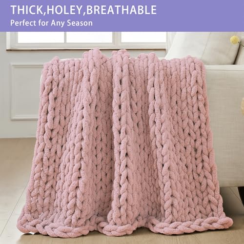 Chunky Knit Throw Blanket for Couch (Dusty Pink / 51"x63" (Large Size Throw）)
