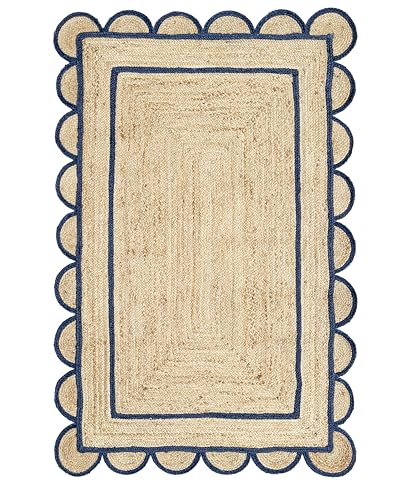 Scallop Pattern Jute Bohemian Area Rug (5'x8' (Rectangular) / Navy)