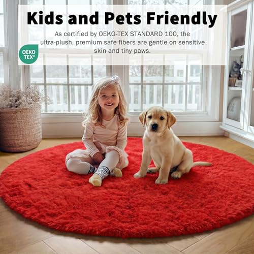 Red Round Rugs 5ft for Bedroom Living Room (Red / 5' (Round))