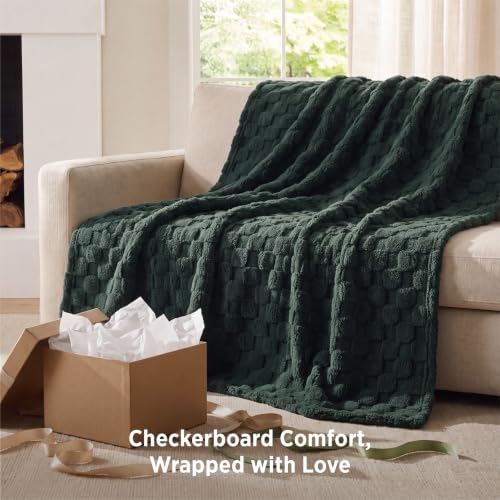 Checkered Fleece Throw Blankets for Bed (Dark Green / Throw XL (50" X 70"))