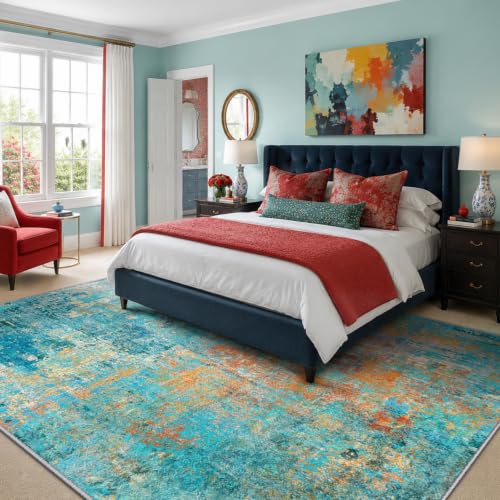 Washable 5'x7' Abstract Area Rug for Living Room Teal Multi (Teal Blue/Green/Orange / 5' x 7' (Rectangular))