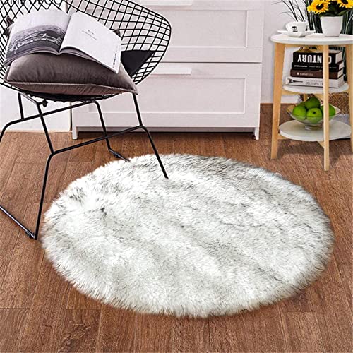 Round Fluffy Rug 3ft White with Grey Tips Circle Faux Sheepskin Fur Rug for Bedroom Living Room Fuzzy Furry Small Décor Washable (3' (Round) / White and Grey Tips)