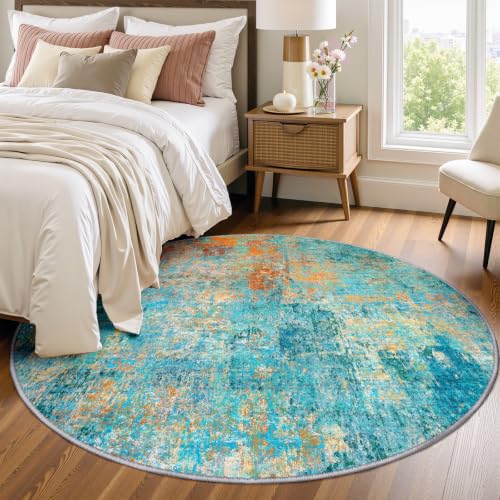 Washable Round 4ft Area Rug for Living Room Teal Multi (Teal Blue/Green/Orange / 4' (Round))