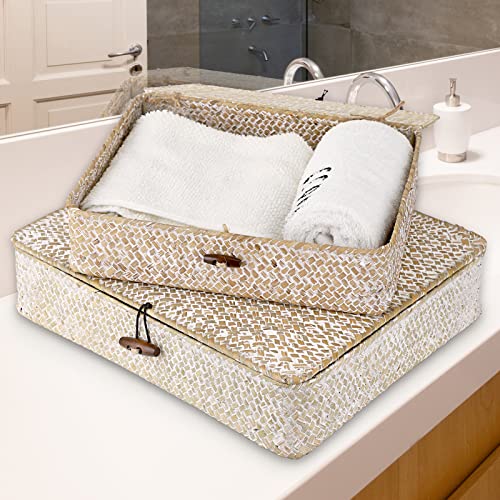 Set of 2 Flat Woven Wicker Basket Bins with Lid Natural Seagrass Box (Small+Large / Whitewash)