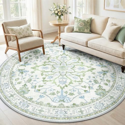 Washable Area Rug (Green/White/Blue / 6' (Round))