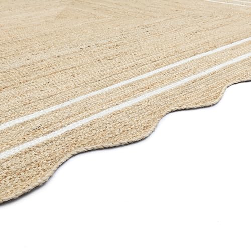 Wave Scalloped Jute Rug Entryway Natural Boho Area Rug Off (6'x6' / White)