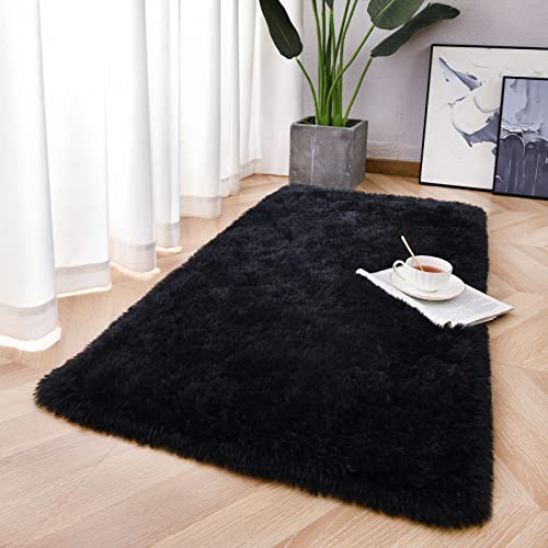 Soft Runner Rug for Bedroom Living Room Plush Fluffy Rugs 2x4 (Black / 2' x 4' (Runner))