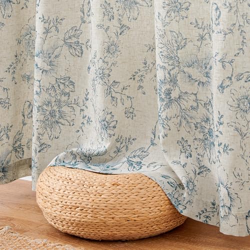 Floral Lined Linen Curtains 84 Long for Living Room 2 Panels (Lined Blue / 50"W x 84"L (Pack of 2))