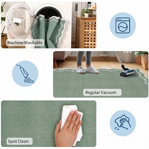 2.5x8 Scalloped Washable Runner Rug Non Slip Hallway Kitchen Rug (Sage Green / 2'6" x 8' (Rectangular))