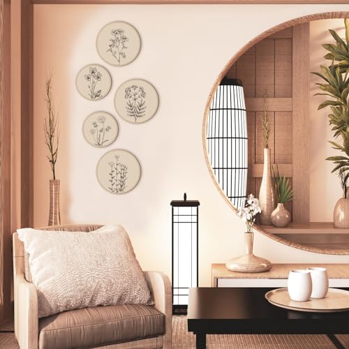 5 Pcs Boho Wall Decor Wood Circle Wall Art Set (Floral)