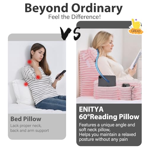 22" XL Back Pillow for Bed Sitting Up with Armrests & Big Pockets (Pink / XL(5'3"-5'11"))