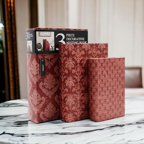 Set of 3 Farmhouse Memory Storage Book Boxes (Case (2 units of 8'' , 10'' & 12'' High) / Red)