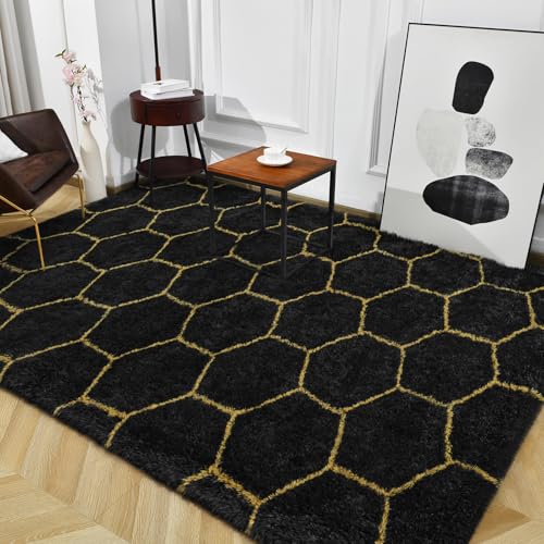 Super Soft Shaggy Rugs Fluffy Carpets (4' x 6' (Rectangular) / Black Gold)