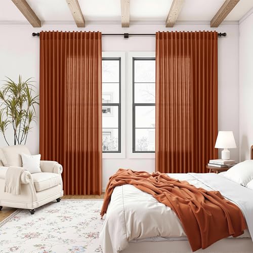 Extra Wide Linen Curtains for Living Room 84 Inches Long Terracotta Light Filtering Semi Sheer Boho Farmhouse Curtain for Bedroom Office Luxury Back Tab and Rod Pocket 100x84 (100"W x 84"L (Pack of 2) / Terracotta)
