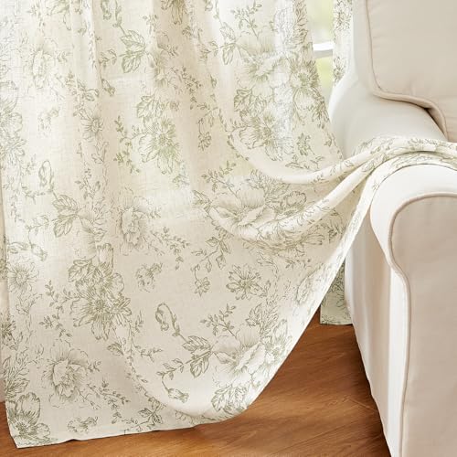 Vintage Floral Linen Curtains 84 Long for Living Room 2 Panels (Green / 42"W x 84"L (Pack of 2))