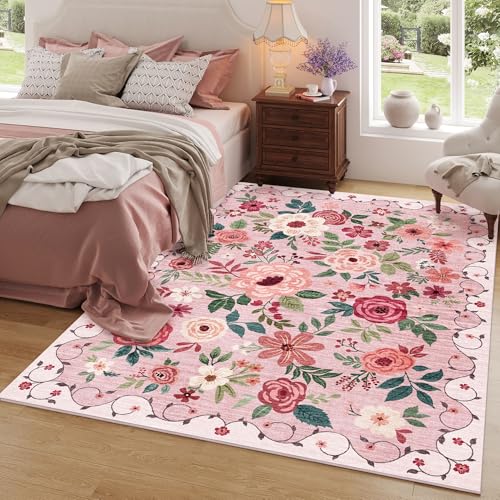3x5 Area Rug Floral Washable Rug for Bedroom Non Slip (Pink / 3' x 5' (Rectangular))