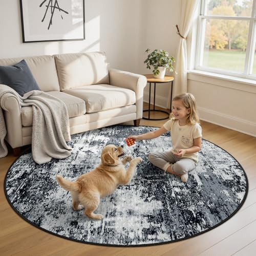 Washable Round 8ft Area Rug for Living Room Black White (Black/Navy Blue/Gray / 8' (Round))