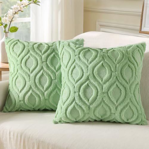 Faux Fur Light Sage Green Throw Pillow Covers 18x18 Set of 2 (18" x 18" (Pack of 2) / Light Sage Green)