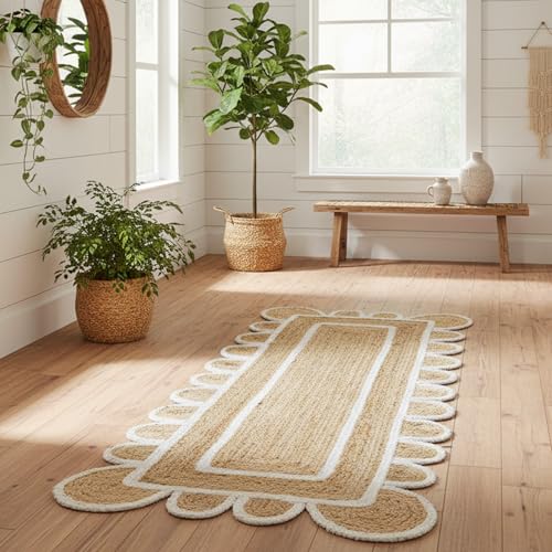 Scalloped Natural Jute Area Rug (White / 2'6" x 10' (Runner))