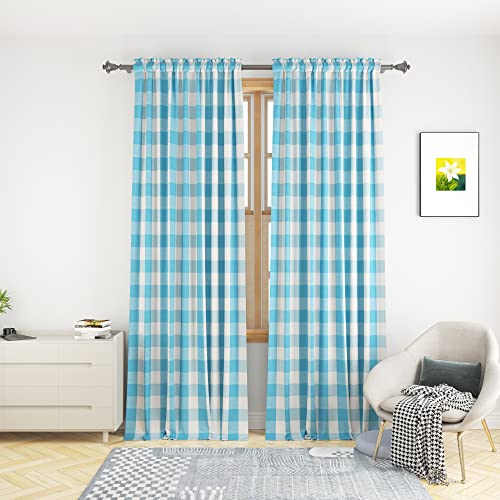 Buffalo Check Window Curtains 100 inches Long Living Room Cotton Curtain Panels Bedroom Drapes Plaid Gingham Farmhouse Decor Curtains Rod Pocket Kitchen Basement 2 Panels Sky Blue White 52"x100" (52"W x 100"L (Pack of 2) / Sky Blue+white)