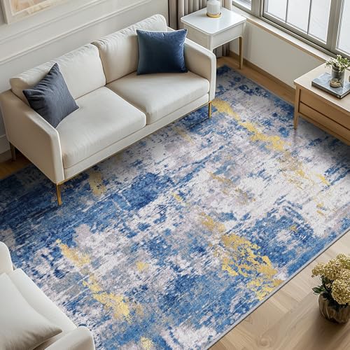 Washable 8'x10' Abstract Area Rug for Living Room Blue Gold (Blue/Gold / 8' x 10' (Rectangular))