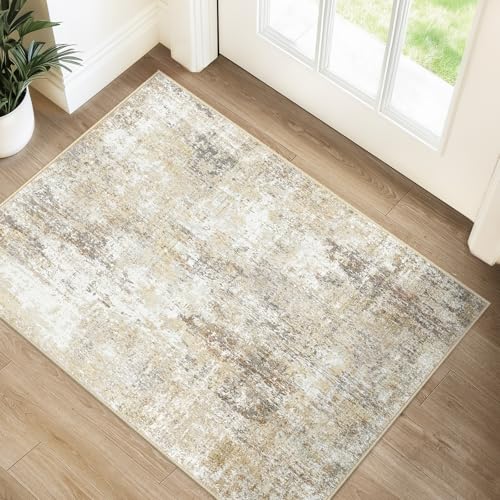 Washable 2'x3' Abstract Area Rug for Living Room Neutral Brown (Gray/Neutral Brown / 2' x 3' (Rectangular))