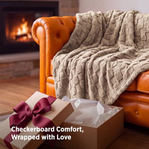 Checkered Fleece Throw Blankets for Bed (03 Light Brown / Throw XL (50" X 70"))