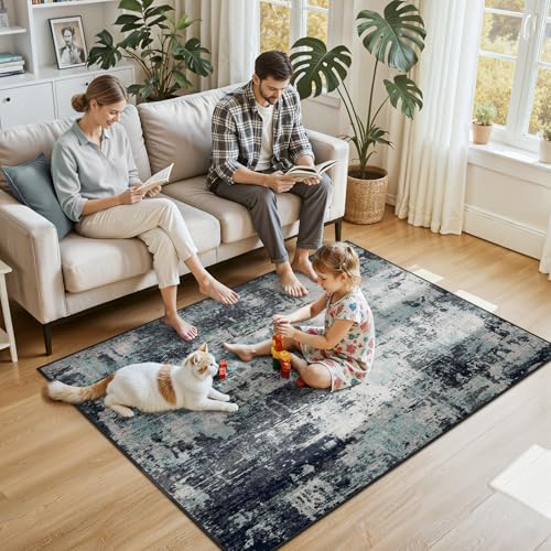 Washable 4'x6' Abstract Area Rug for Living Room Teal Black (Black/Teal Blue / 4' x 6' (Rectangular))