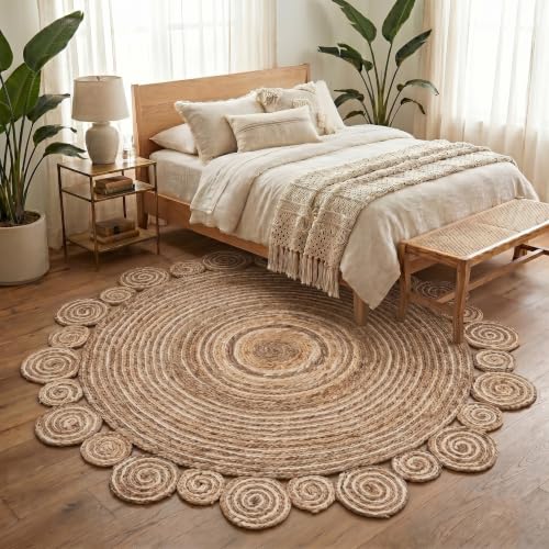 6ft Round Scalloped Jute Indoor Area Rug (Brown/Ivory / 6' (Round))