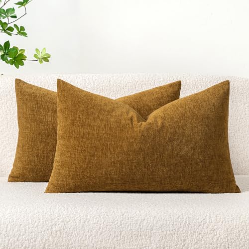 Soft Chenille Lumbar Throw Pillow Covers Mustard 12x20 Pack of 2 (20" x 12" (Pack of 2) / Mustard)