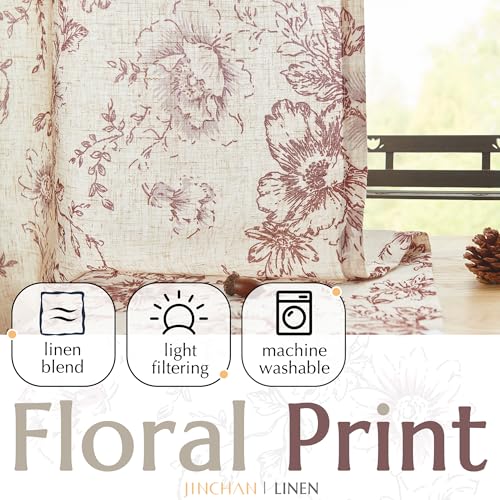 Vintage Floral Linen Curtains 96 Long for Living Room 2 Panels (Brick Red / 50"W x 96"L (Pack of 2))